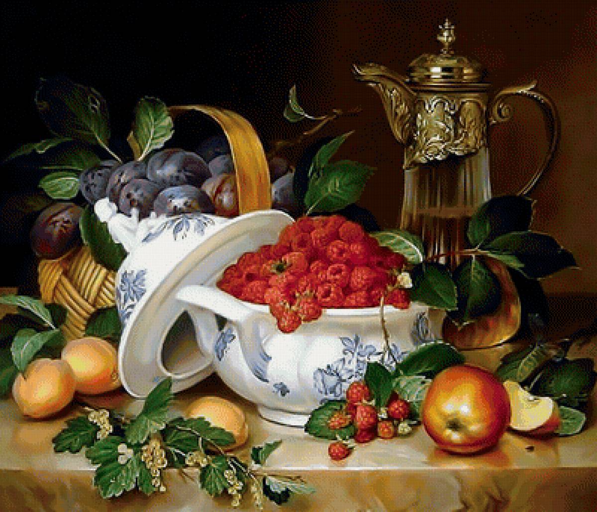 Натюрморт. - слива, натюрморт, абрикос., малина, фрукты, ягоды - предпросмотр