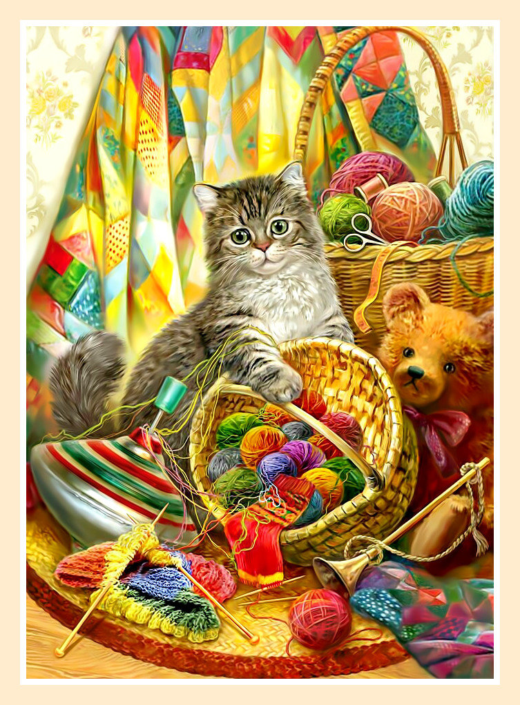 Котик- рукодельник. - кот, пряжа., клубки - оригинал