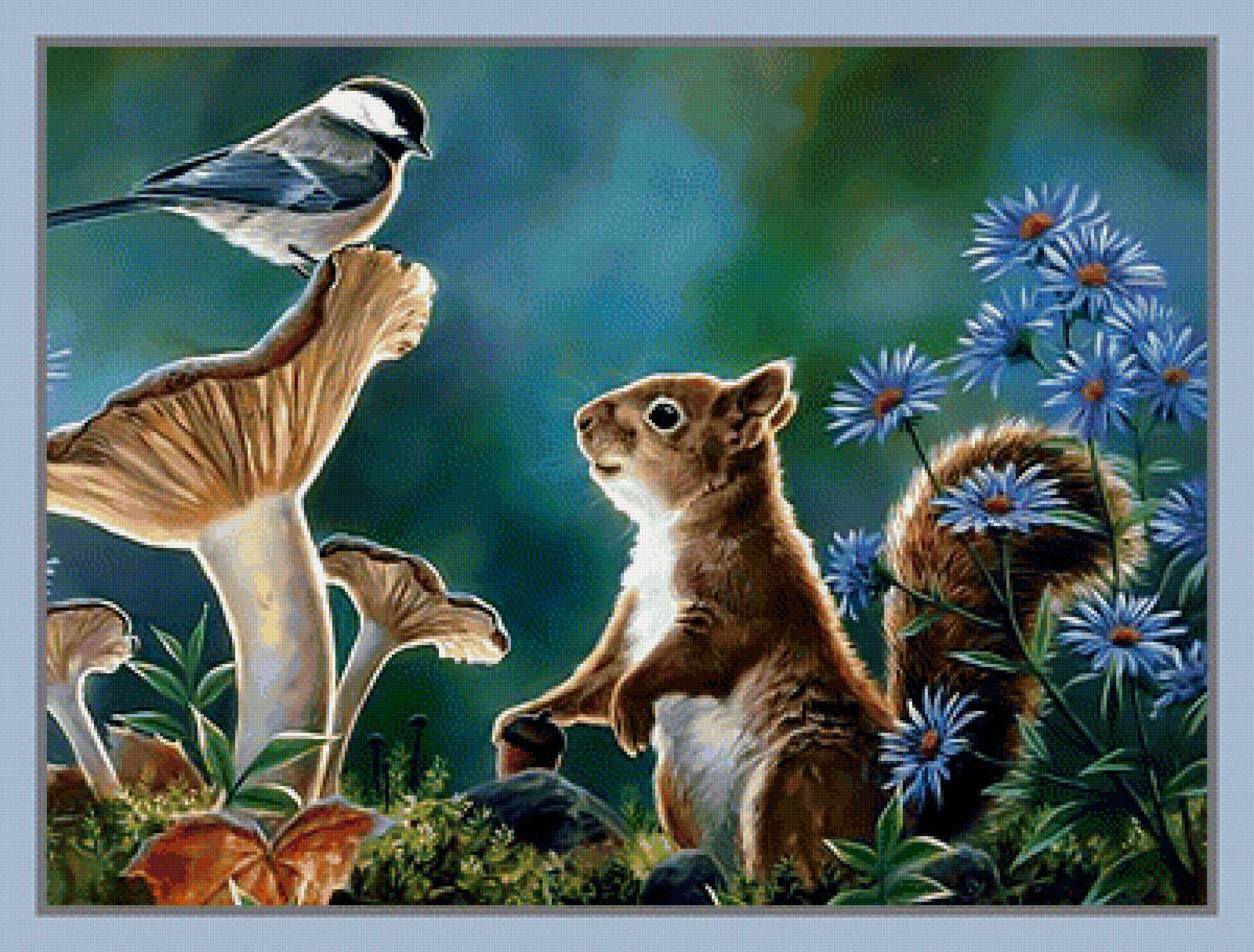 Белочка и синица. - белка, грибы, цветы, синица, птица, лес. - предпросмотр