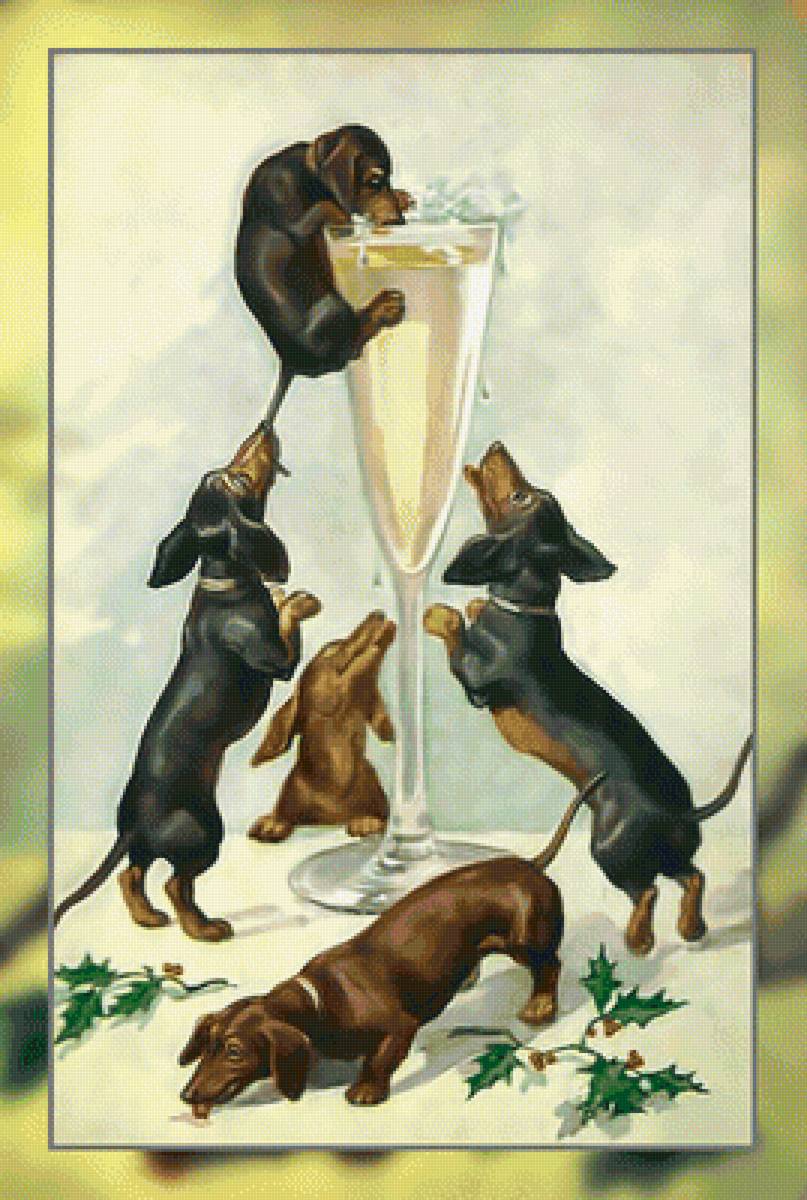 Таксочки. - бокал, собаки., рождество, такса - предпросмотр