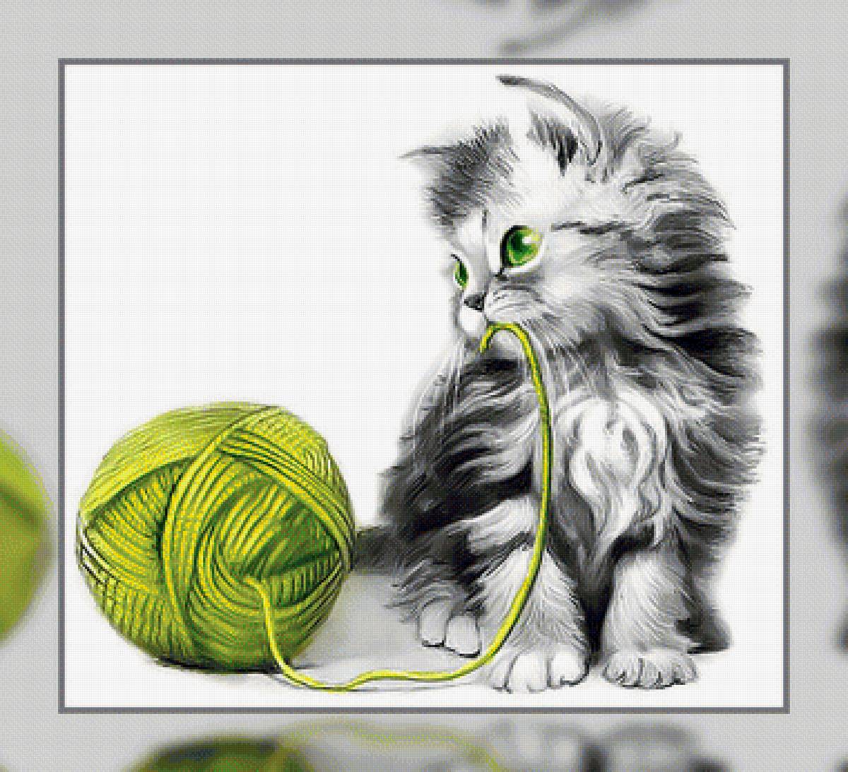 Котёнок и клубок. - нитки., клубок, котенок - предпросмотр