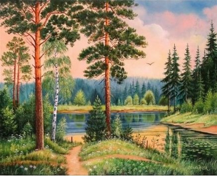 пейзаж - лес, пейзаж, природа, елки, сосны, река - оригинал