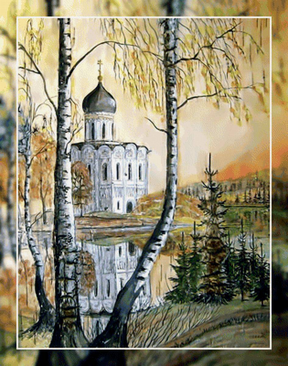 Храм на берегу реки. - храм, река, церковь., пейзаж, березы - предпросмотр