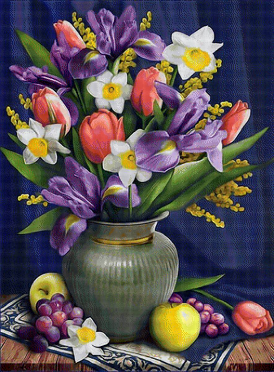 Натюрморт с букетом. - букет, фрукты., цветы - предпросмотр