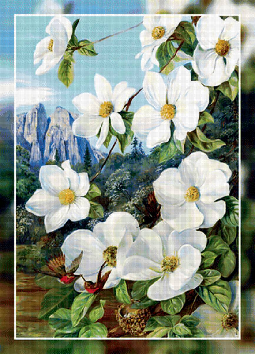 Пейзаж 2 - цветы, пейзаж, птицы., горы - предпросмотр