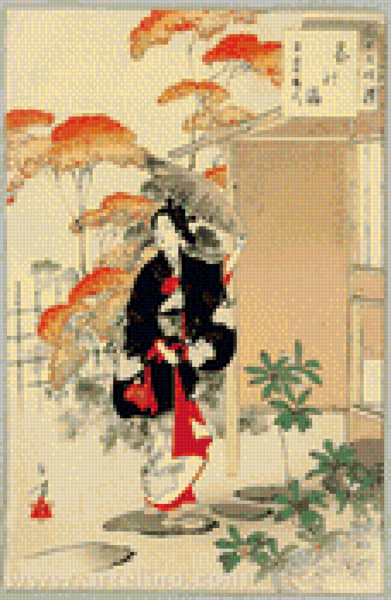 Старинная японская картинка - япония, японка - предпросмотр