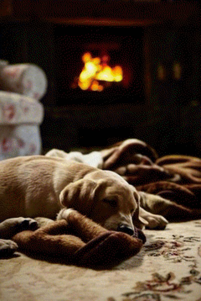 Добрых снов - собака, дом, камин, уют - предпросмотр