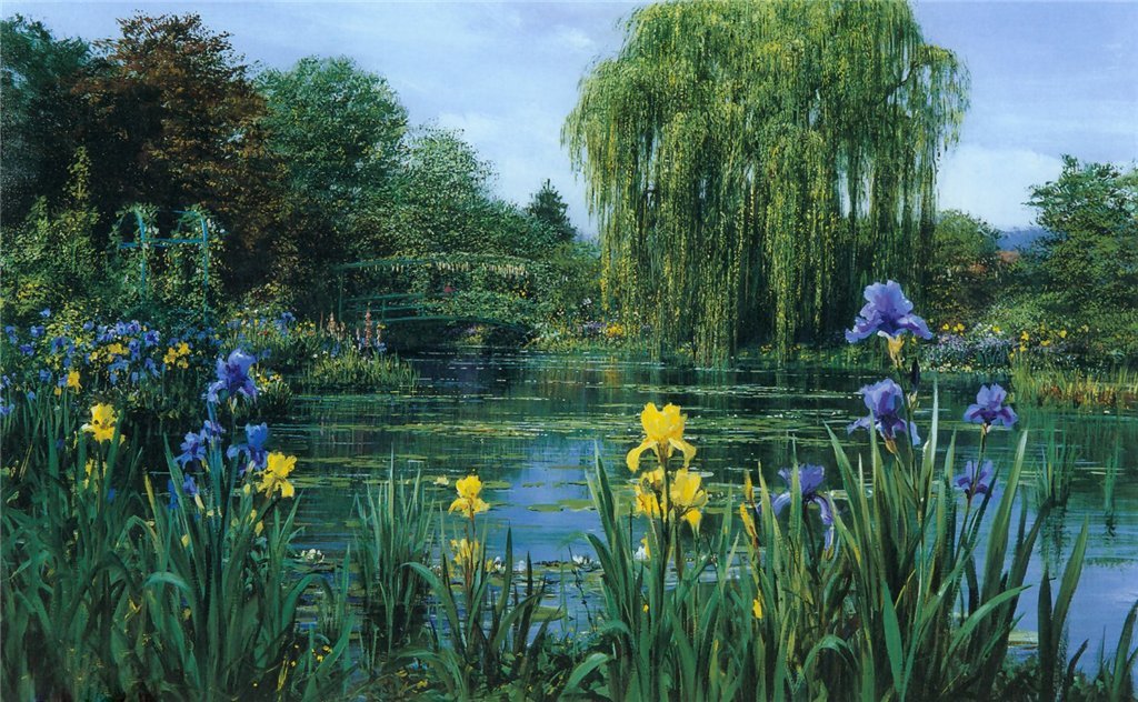 Ирисы у озера - озеро, мостик, ирис - оригинал