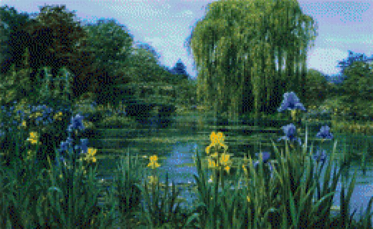 Ирисы у озера - мостик, озеро, ирис - предпросмотр