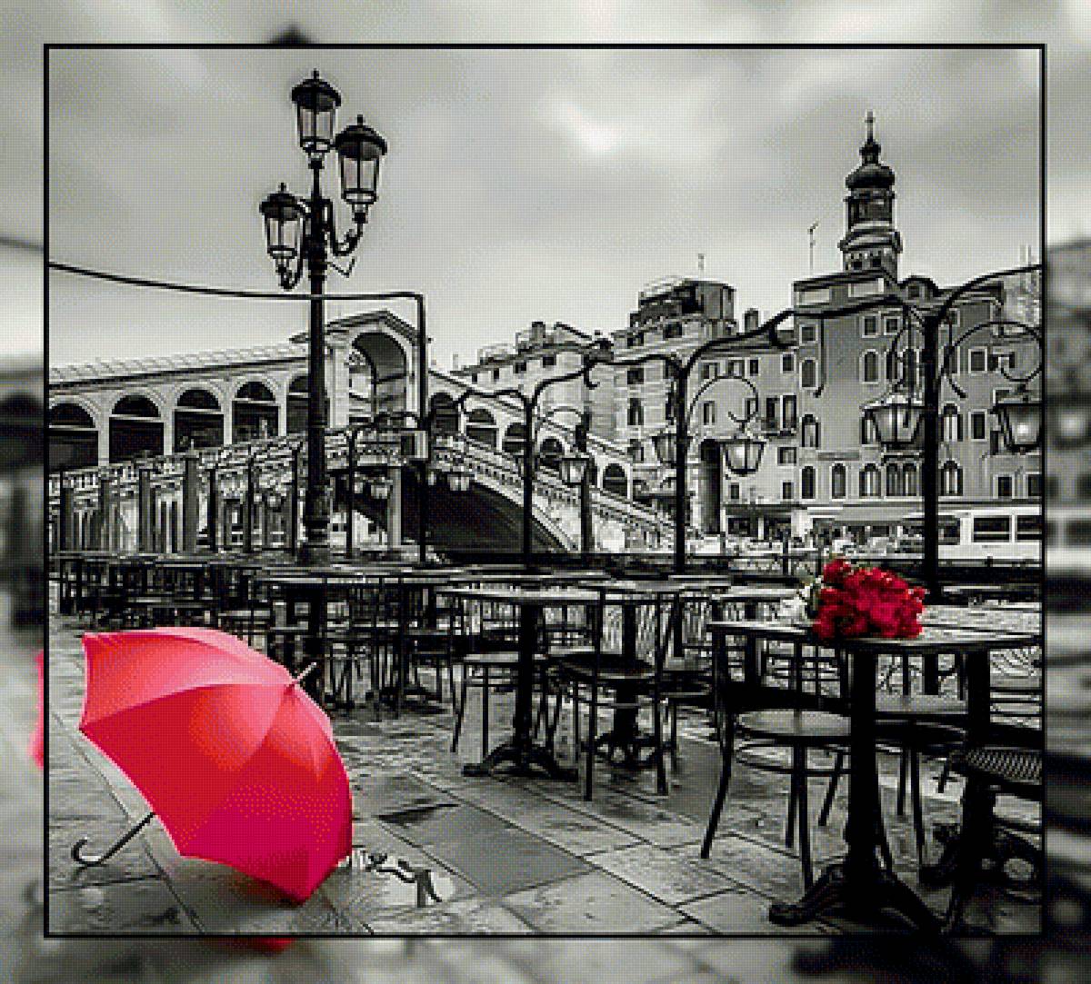 Городской пейзаж. - мост, розы, красный., зонт, пейзаж, река, город - предпросмотр