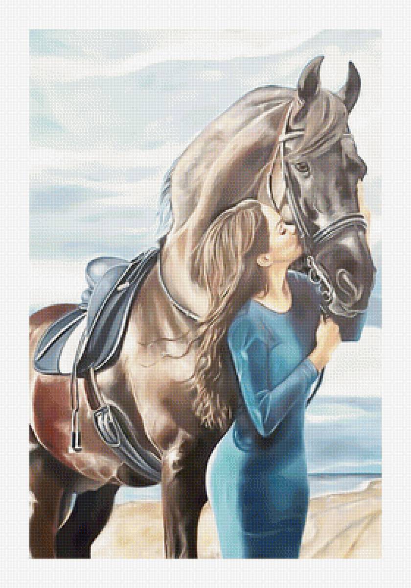 Девушка с конём (поменьше) - конь, море, девушка, пейзаж. - предпросмотр