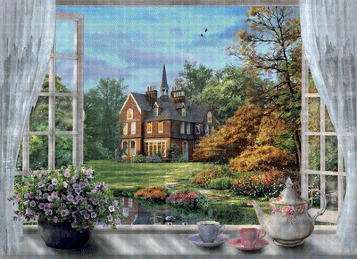 вид из окна - окно, чашки, цветы, сад - предпросмотр