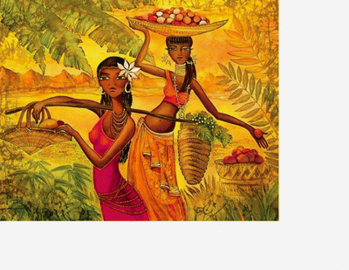 Африканский мотив 1 /размер 320 на 255 крест/ - девушки, горы, корзина, пальмы, африка - предпросмотр