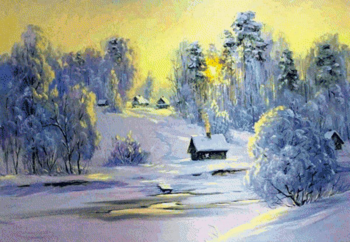 Зимнее утро - избушка, утро, лес, зима - предпросмотр