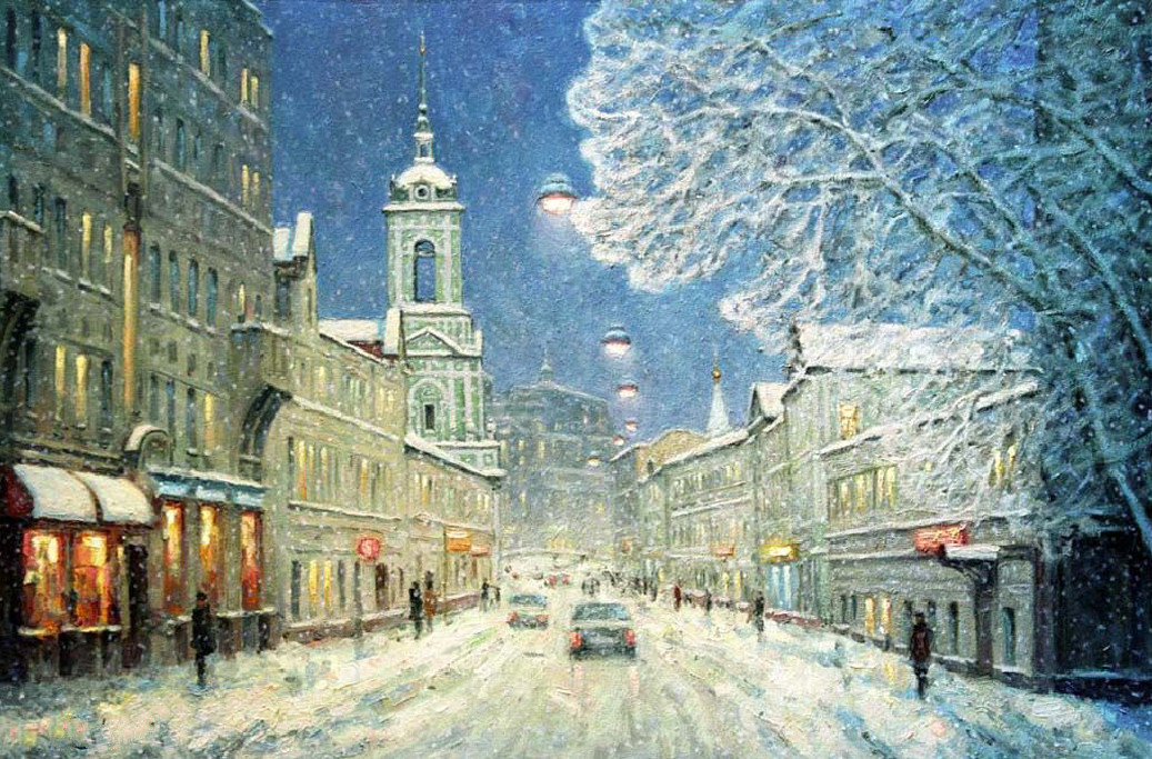 Московские сумерки /худ. Игорь Разживин/ - снег, улица, город, зима - оригинал