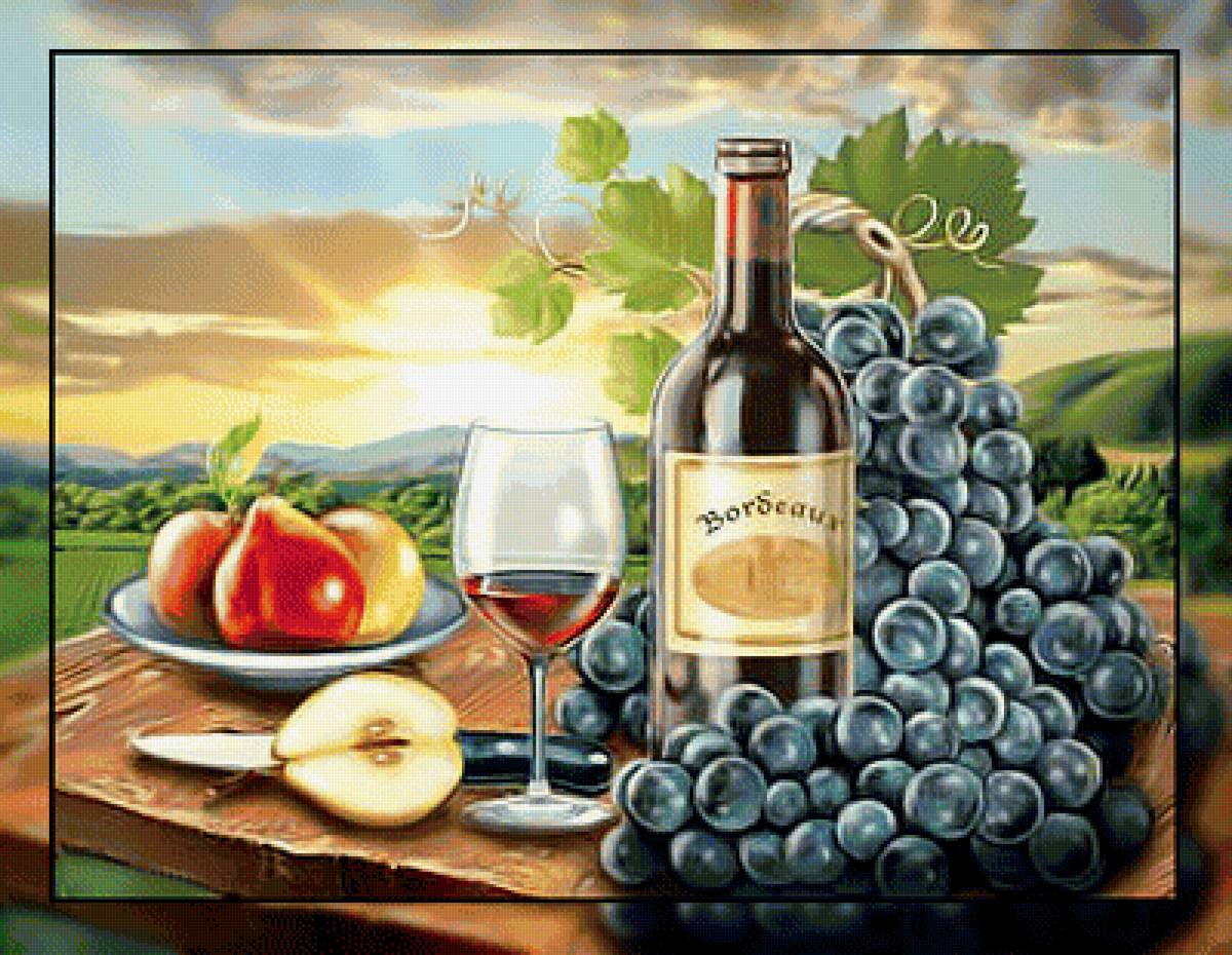 Натюрморт с фруктами - виноград., натюрморт, вино, бокал - предпросмотр