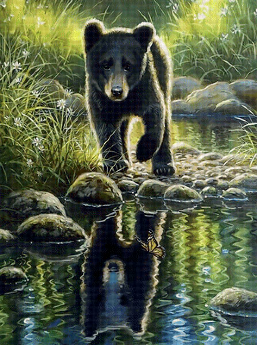 Медвежонок. - река, бабочка, медведь, хищник, пейзаж. - предпросмотр