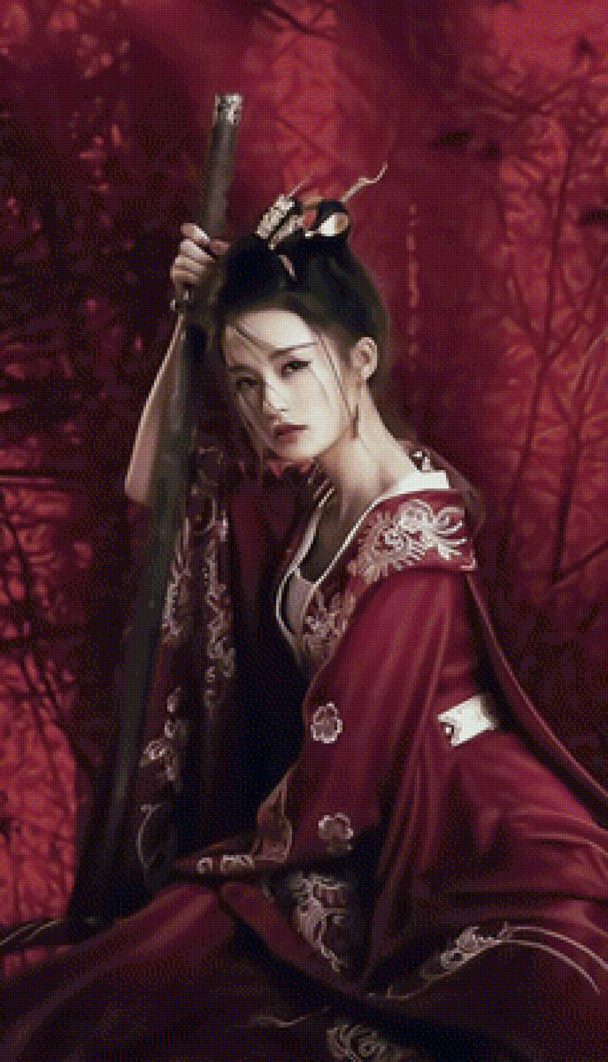 Японские мотивы. - катана, кимоно, восток., девушка - предпросмотр