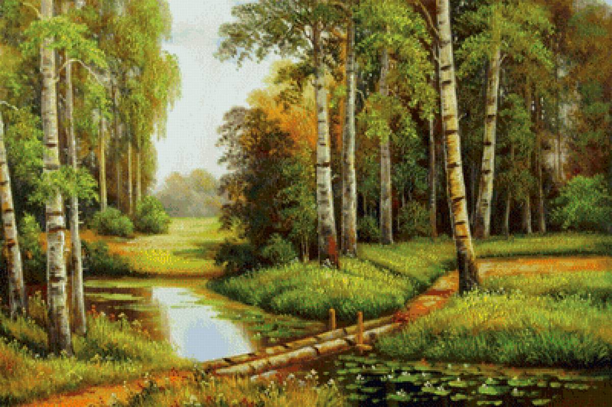 пейзаж - лес, березки, лилии, река - предпросмотр