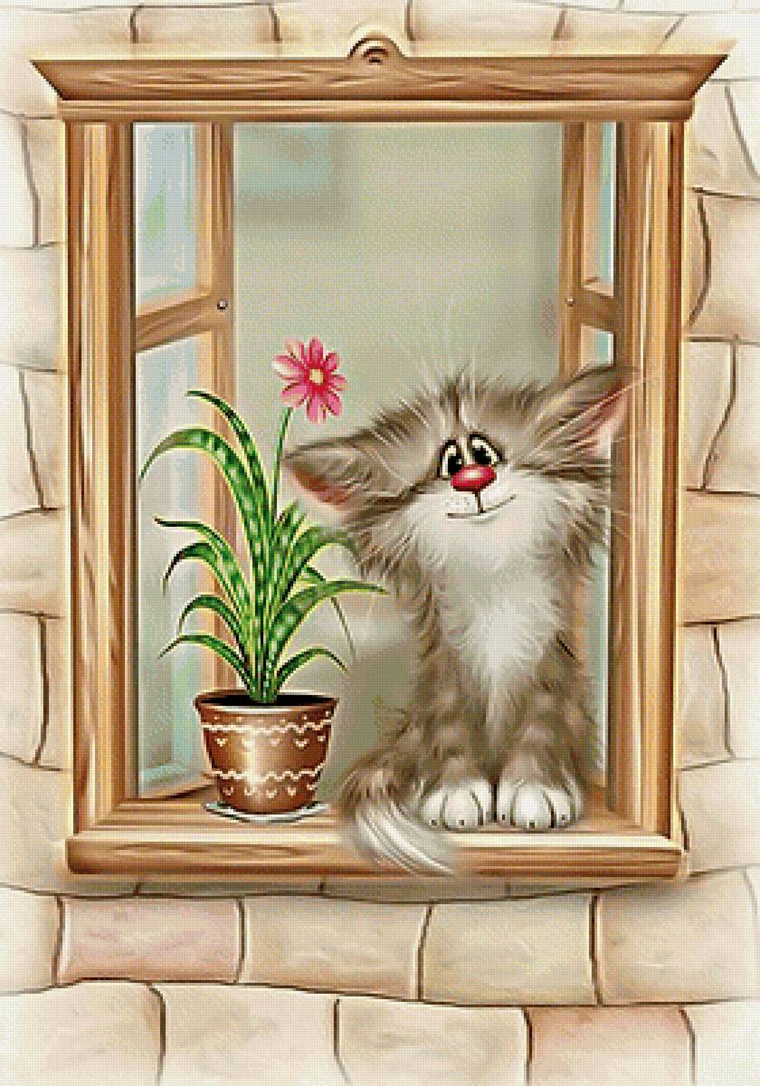 Мультяшный котик. - детская., цветок, кот, окно - предпросмотр