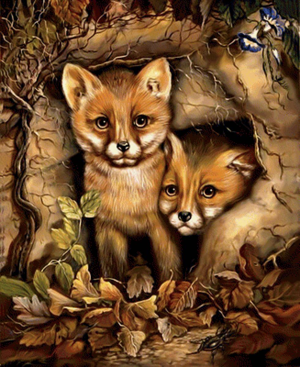 Лисята. - осень, листья, лисы., нора - предпросмотр