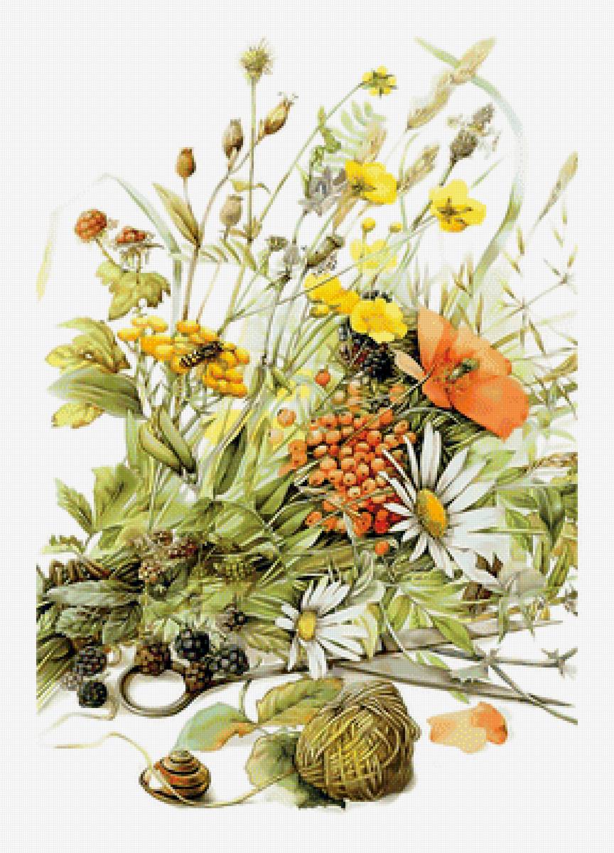 Полевые цветы. - цветы, пряжа., полевые, ягоды, ножницы - предпросмотр