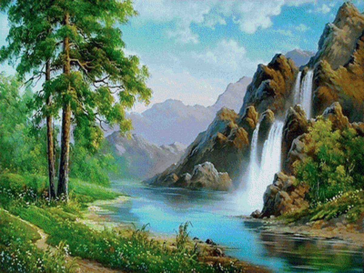 пейзаж - пейзаж, сосны, горы, водопад, река - предпросмотр