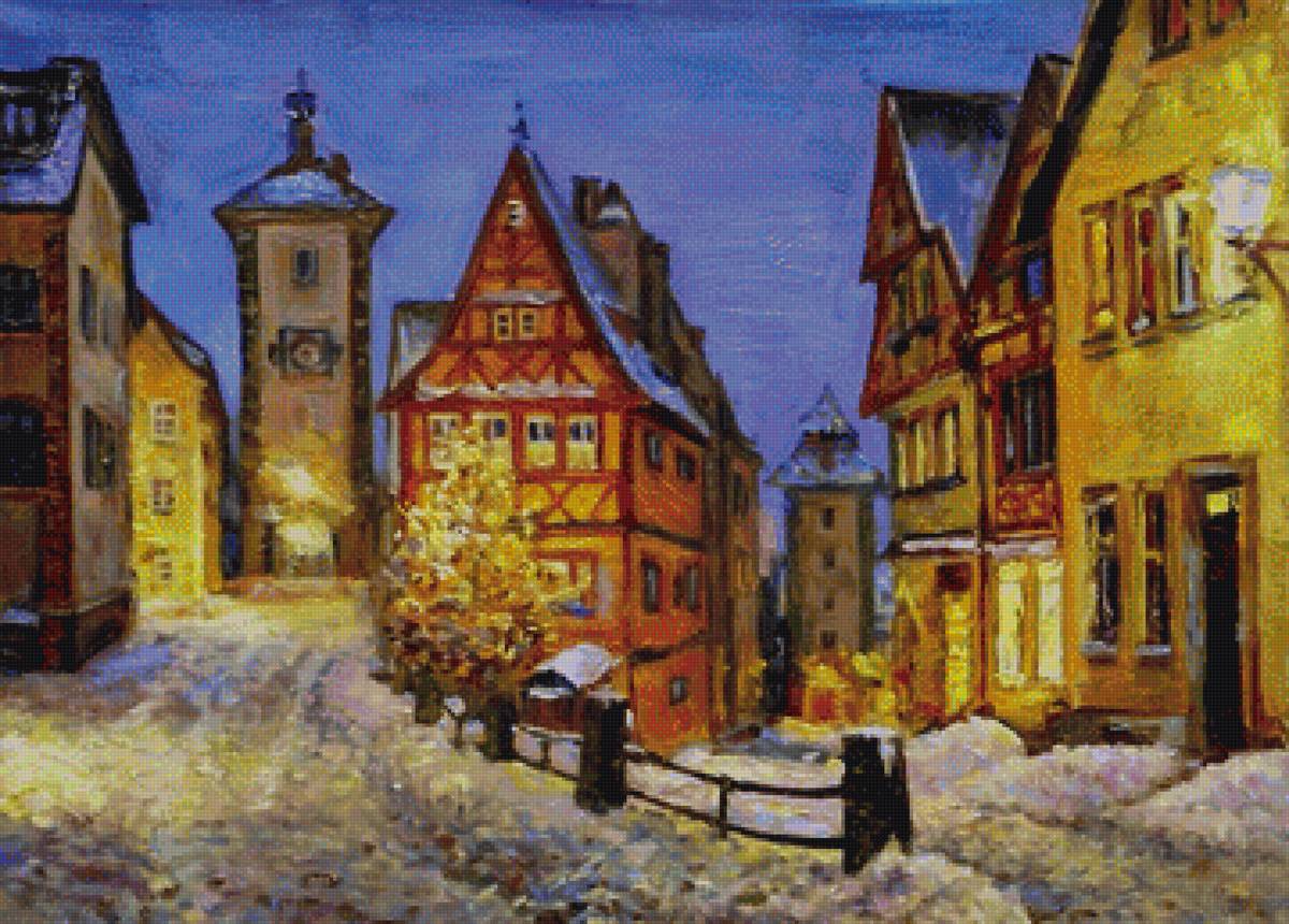 Рождественская ночь - зима, город, ночь, улочка, здания - предпросмотр