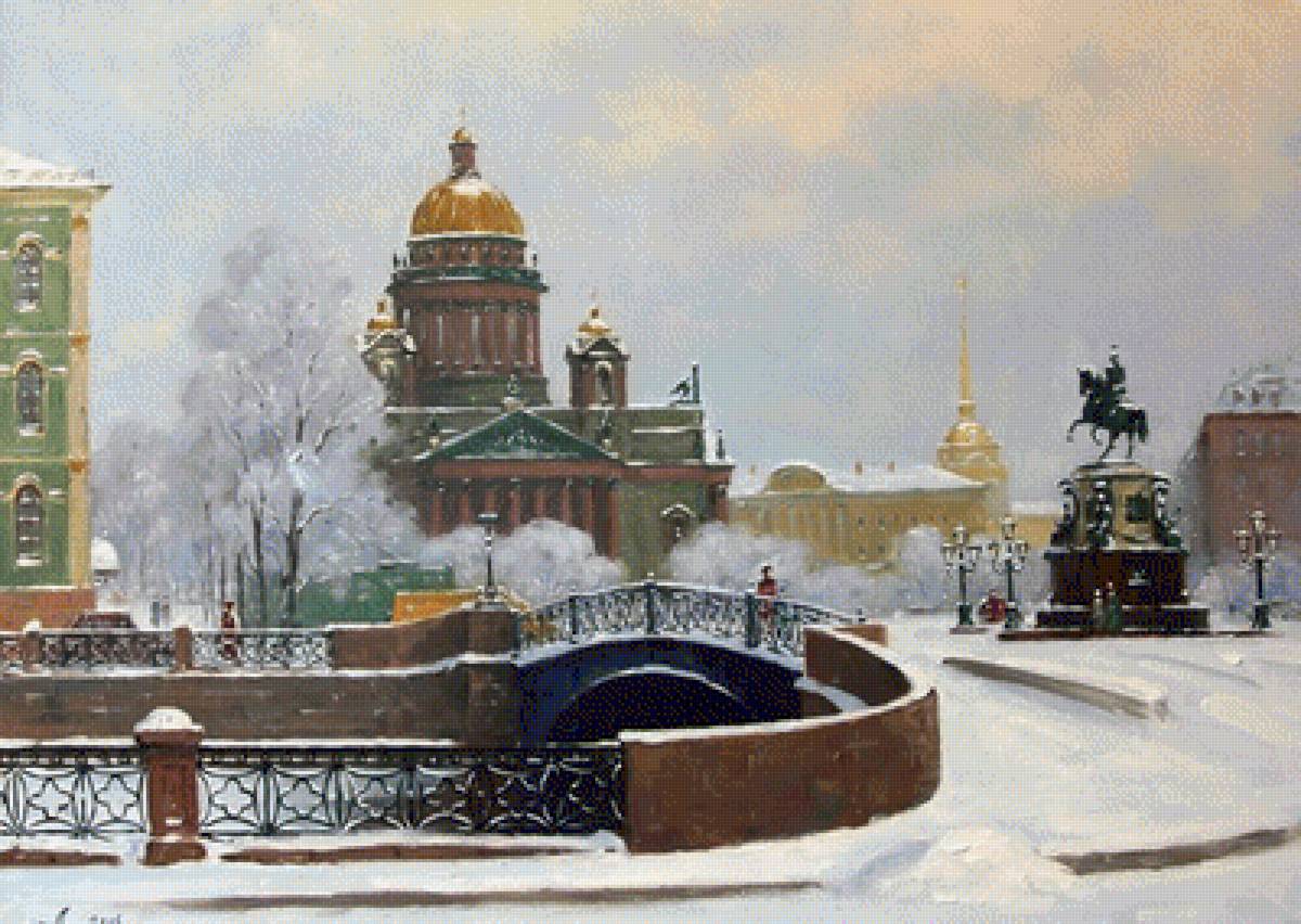 Ленинградская зима /худ. А.Александровский/ - город, мост, улица, здания, зима, собор - предпросмотр