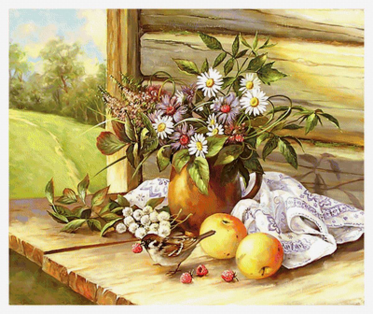 Серия "Деревенский натюрморт" - натюрморт, фрукты, цветы, букет - предпросмотр