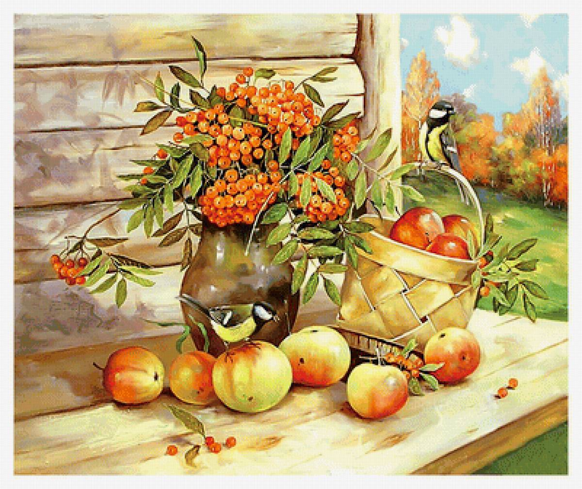 Серия "Деревенский натюрморт" - синички, фрукты, рябина, натюрморт - предпросмотр