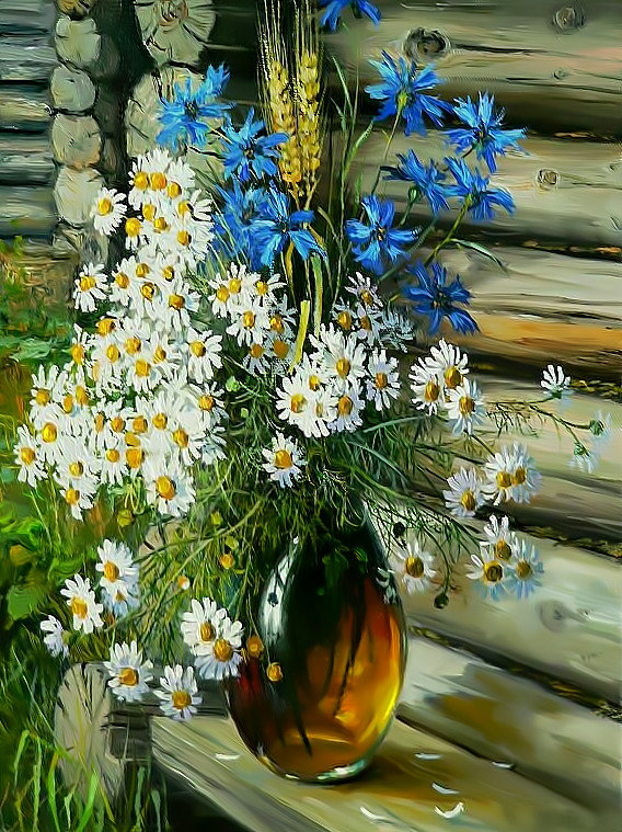 Ромашково- васильковый букетик. - ромашки, букет, цветы, васильки. - оригинал