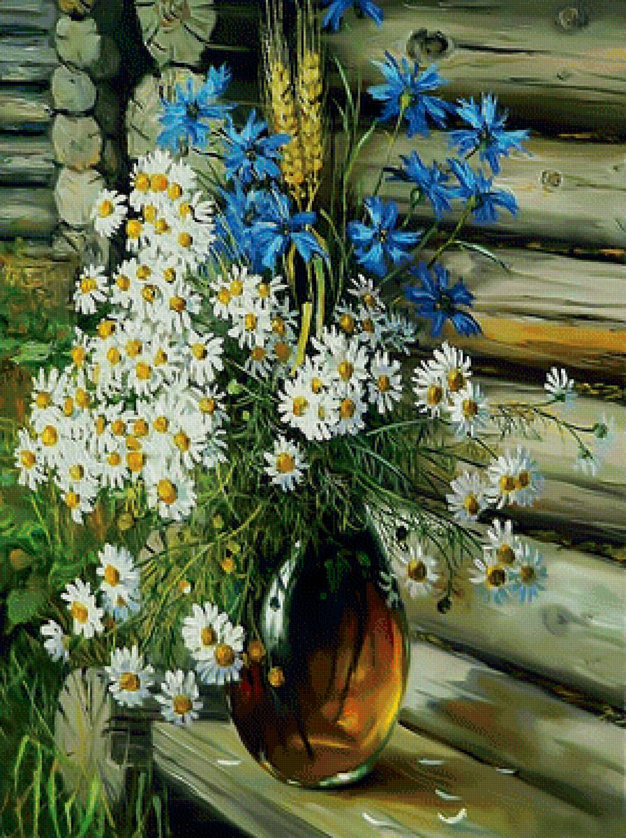 Ромашково- васильковый букетик. - цветы, ромашки, васильки., букет - предпросмотр