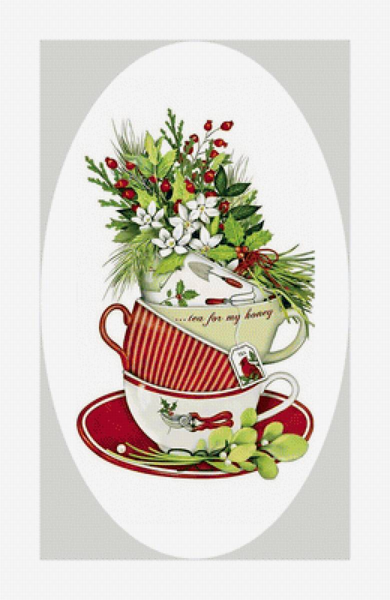 Чашечки и ароматные травы. - цветы, чашки, натюрморт, травы. - предпросмотр