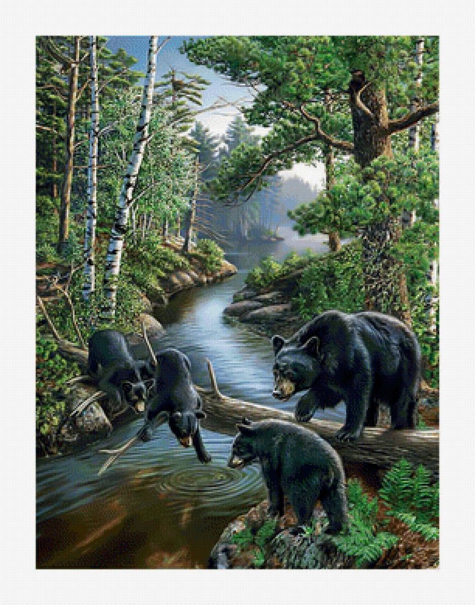 Мишки на реке. - пейзаж, лес, медведи, природа, река. - предпросмотр