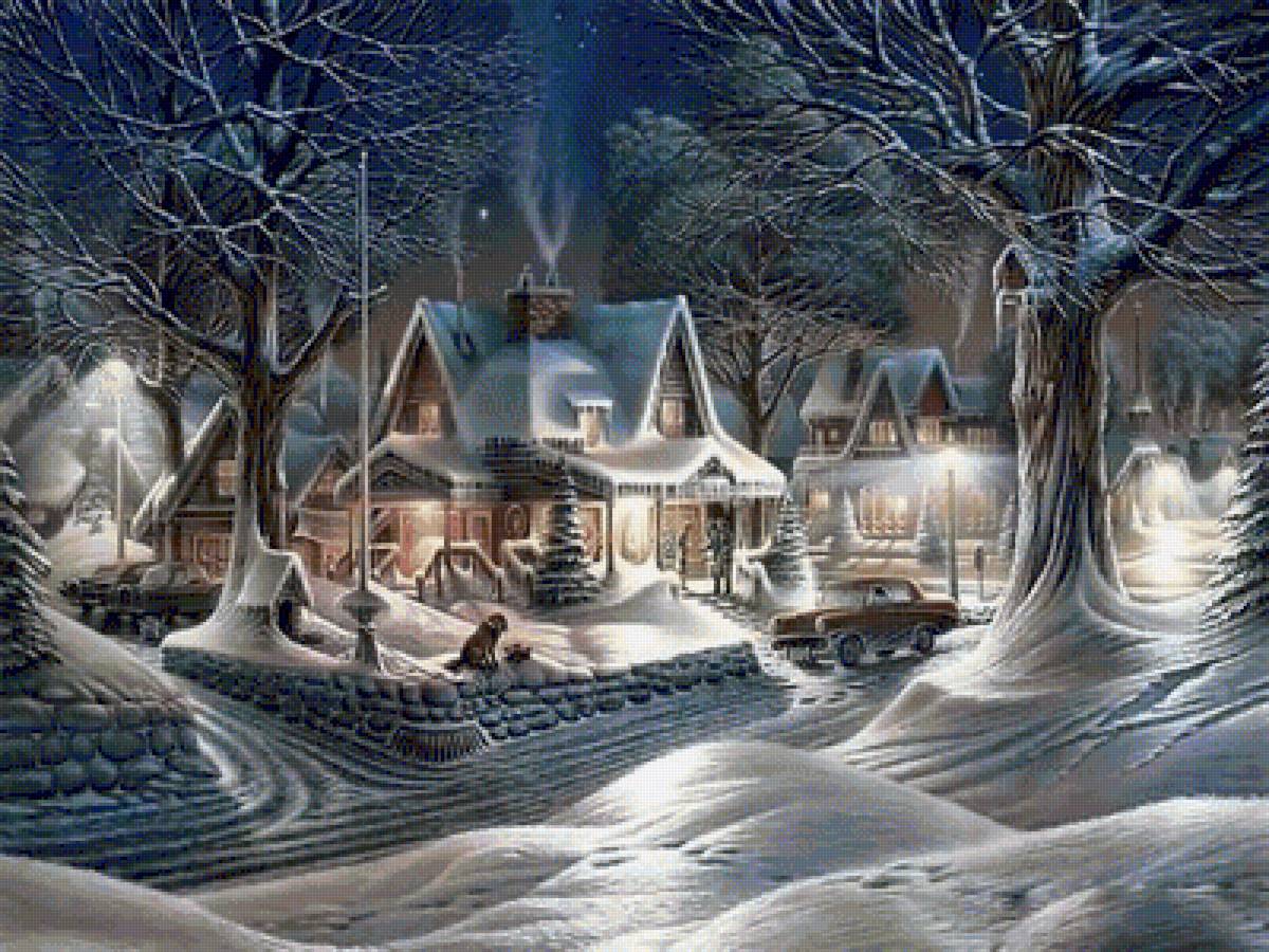 зимний вечер - зима, деревья, вечер, снег, дом - предпросмотр