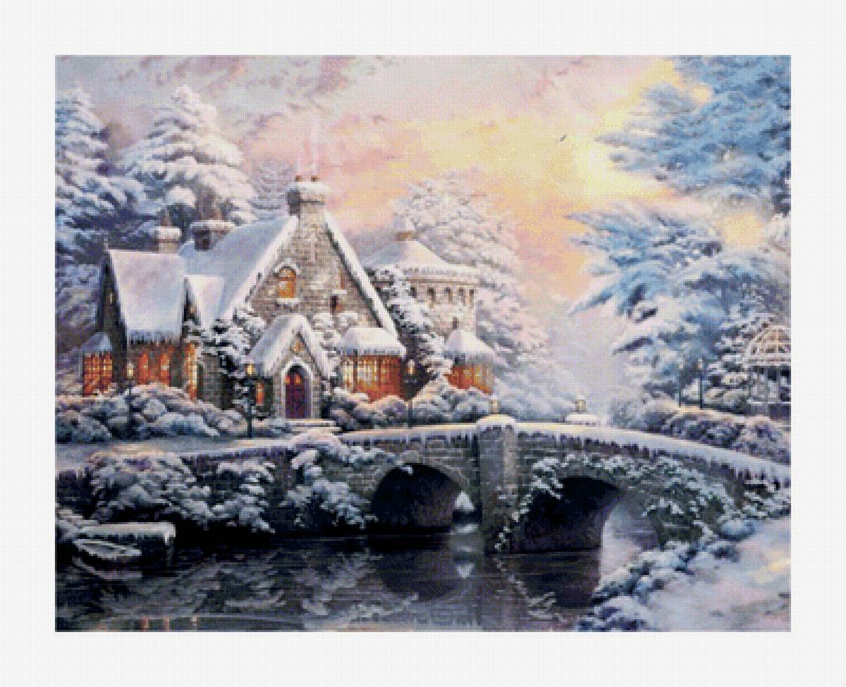 Зимний пейзаж. - река, закат, снег, домик, мост, пейзаж., зима - предпросмотр