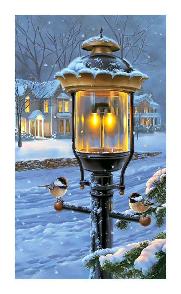 Зимний пейзаж. - синицы, птицы, домик, зима, фонарь, снег, пейзаж. - оригинал