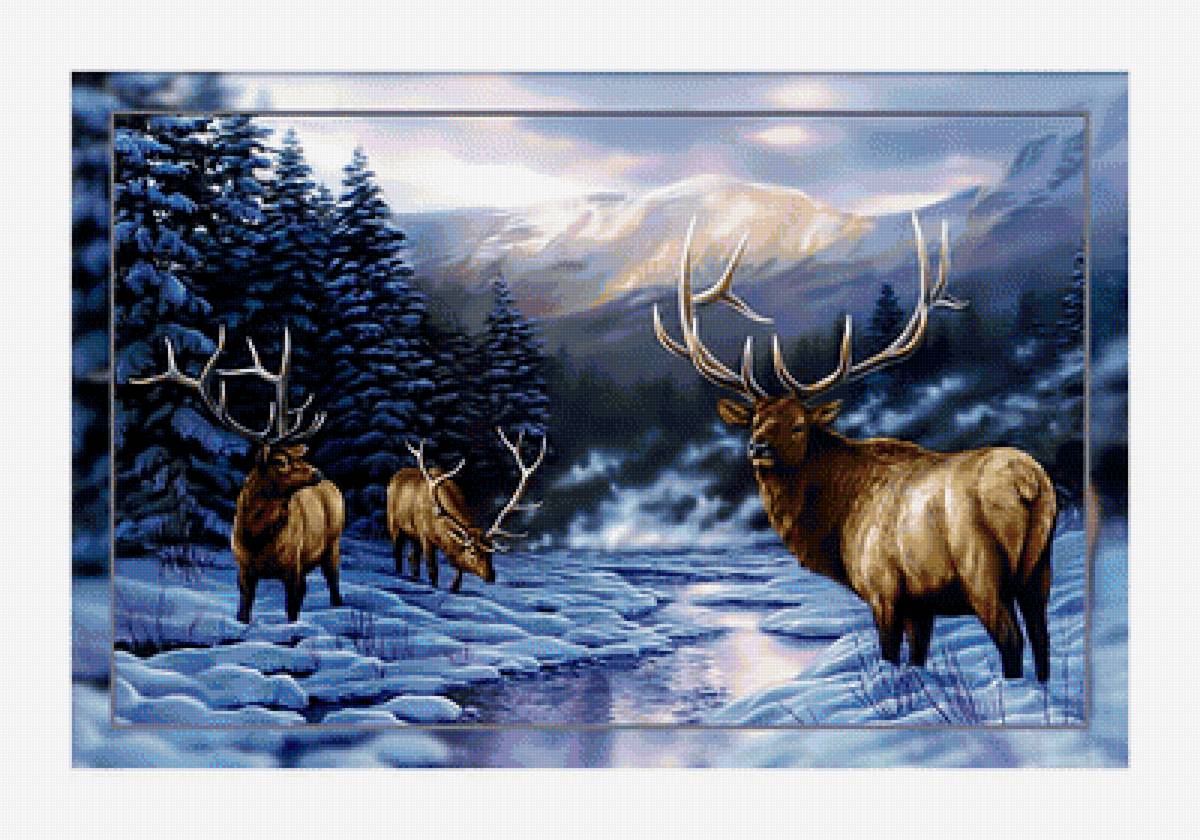 Олени зимой. - пейзаж., лес, горы, снег, олени, зима - предпросмотр