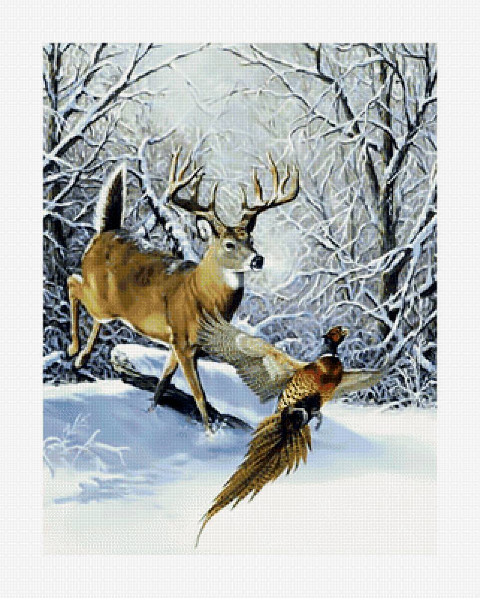 В зимнем лесу. - зима, олень, птица., снег, лес - предпросмотр