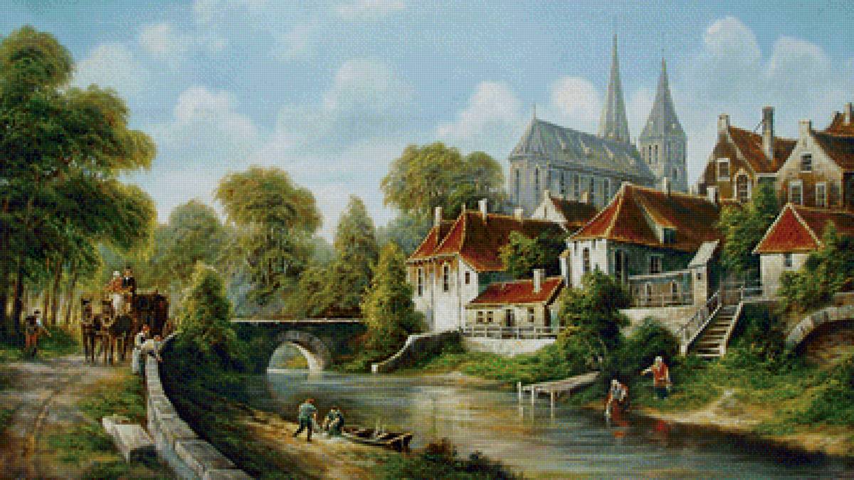 Деревенский пейзаж - люди, дома, река, экипаж, мост - предпросмотр