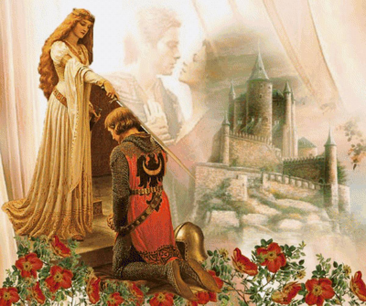 дама и рыцарь - девушка, рыцарь, мираж, воин, дама, люди, замок - предпросмотр