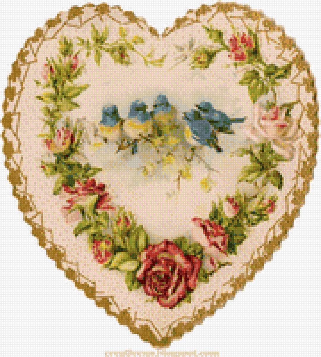 сердце с птицами - дети винтаж старая открытка - предпросмотр