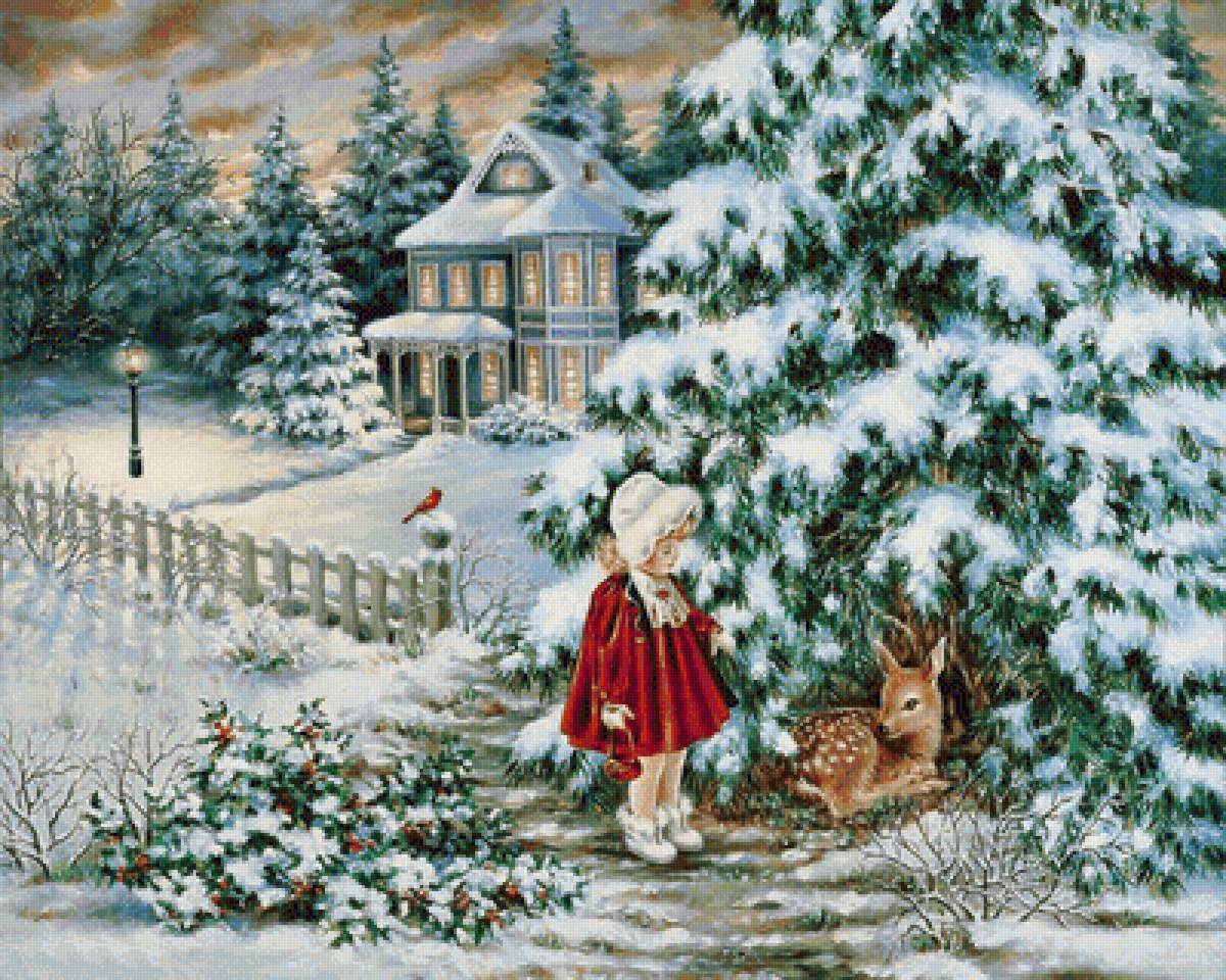 зимний вечер - домик, дети, зима, олененок, девочка, вечер, елки - предпросмотр