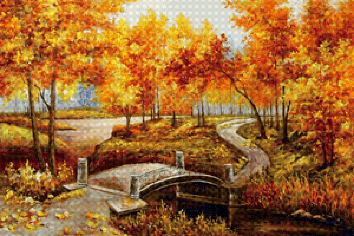 осенний парк - осень, парк, картина, мостик - предпросмотр
