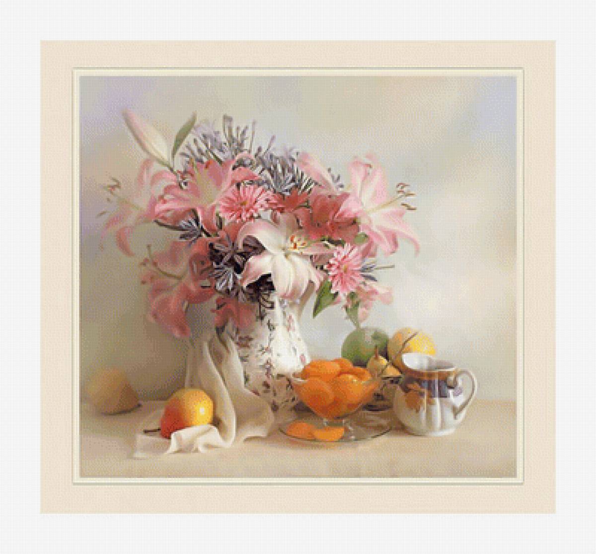 Натюрморт в розовых тонах. - чай., букет, абрикосы, натюрморт, груши, лилии, цветы - предпросмотр