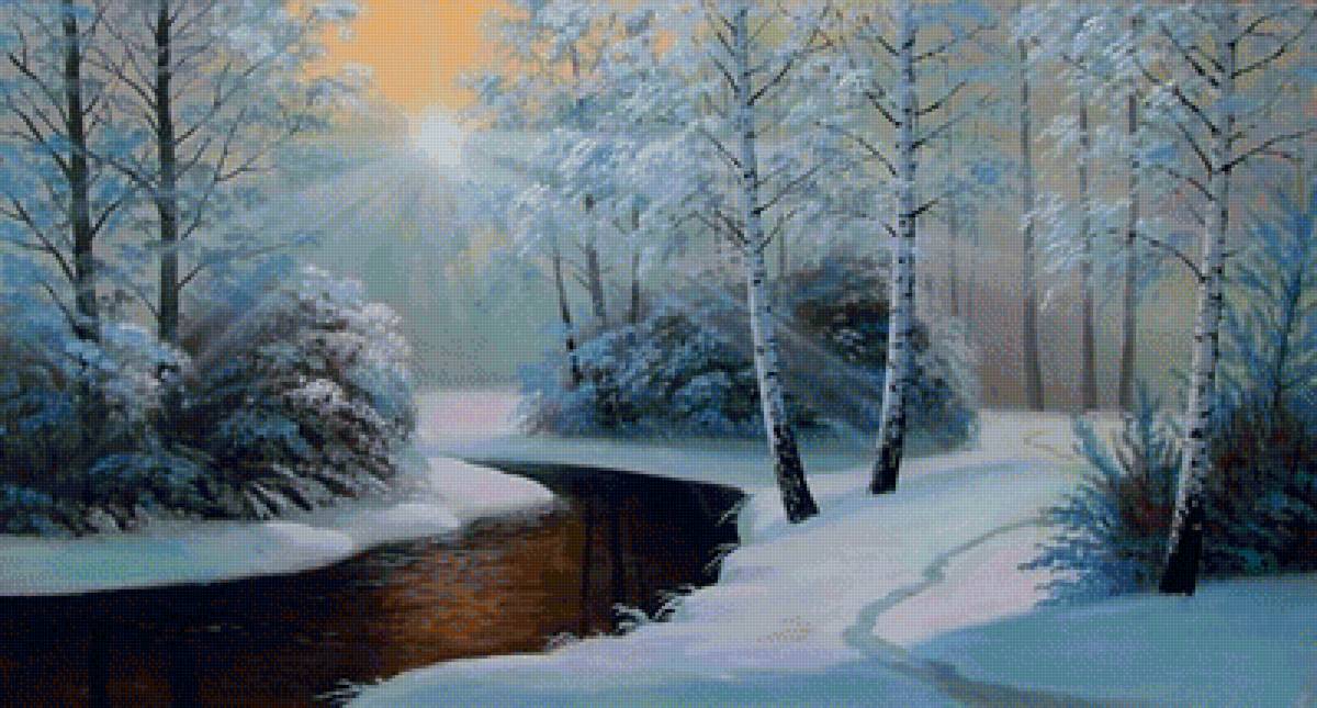 зимний лес - закат, река, пейзаж, вечер, березы, зима - предпросмотр