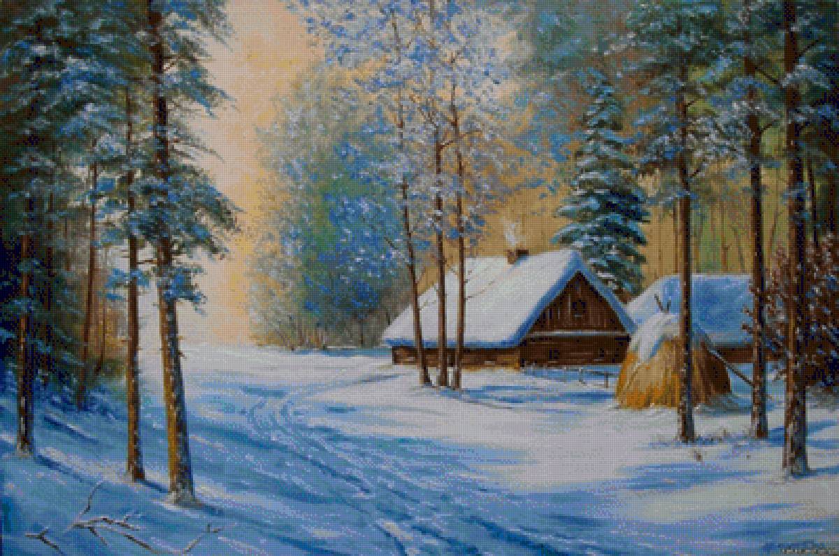 зима - дом, зима, вечер, картина, лес, пейзаж - предпросмотр