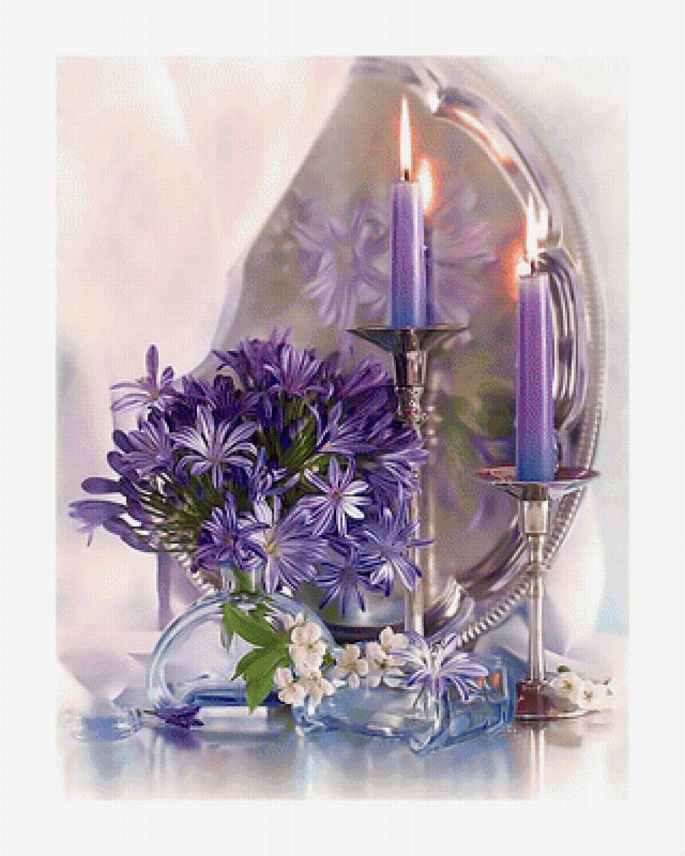 Цветочный натюрморт со свечами. - цветы, свечи, натюрморт, букет, романтика. - предпросмотр