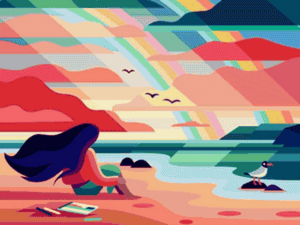 Закат - рисунок, девушка, вечер, море, краски, закат - предпросмотр